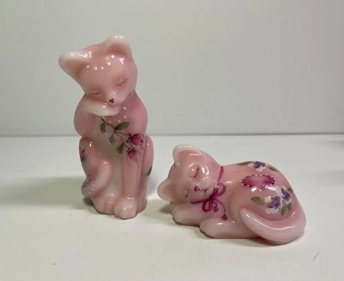 2 Fenton Art Glass Cat Figurines Pink - Hand Painted by D. Wright & A. Van Zile