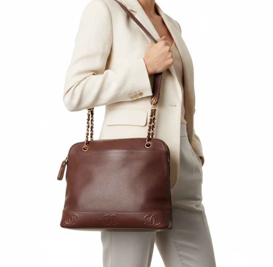 Chanel Caviar Leather CC Logo Chain Shoulder Bag Tote Handbag Vintage '97 Luxury-image