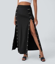 NWT High Waisted Decorative Button Split 2-in-1 Maxi Casual Skirt Black Size Sma