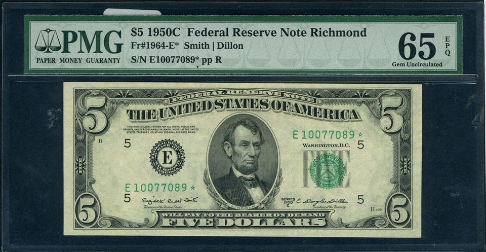 FR. 1964 E* $5 1950-C Federal Reserve Note Richmond E-* Block Gem CU65 EPQ STAR - Image 2 of 3