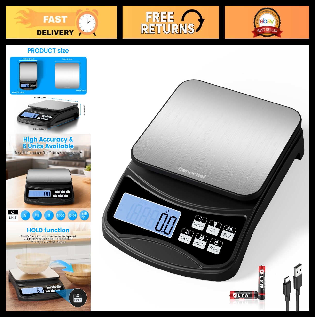Digital Kitchen Food Scale Large Display Tare Function