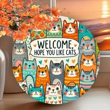 Tin Metal Sign Welcome with Colorful Cat Design Multipurpose Home 8x8