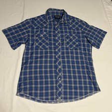 Vtg Wrangler Western Pearl Snap Shirt Mens L Short Sleeve Blue Plaid Cowboy