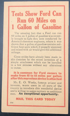 VTG E. O. Weeks Ford Gasoline Additive 60 Miles on 1 Gallon Advertising Postcard