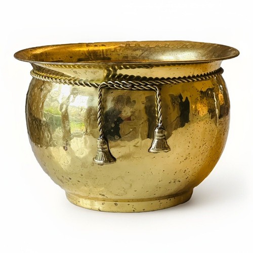 Vintage Decorative Hammered Brass Planter with Rope Cord Tassel Trim - 6”H x 9”W
