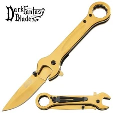 7.5" DARK FANTASY BLADES WRENCH TACTICAL SPRING ASSISTED FOLDING KNIFE GOLD