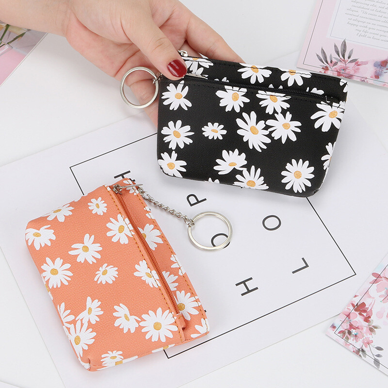 Daisy Coin Purse Women Mini Wallets With Zipper Keychain