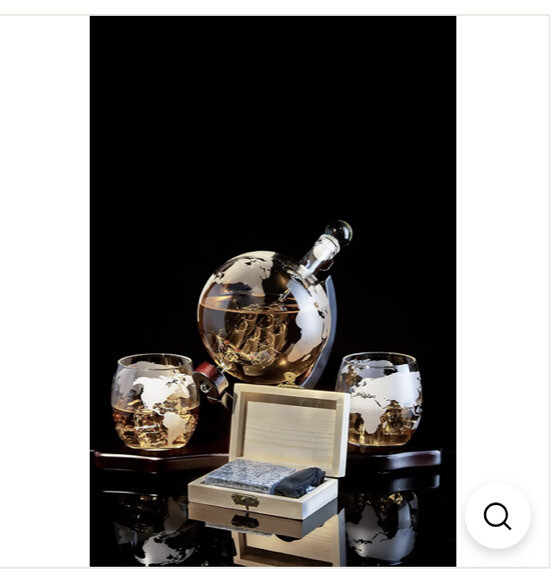 The Wine Savant Globe World Whiskey Decanter Set Mahogany Wood 2 Globe Glasses