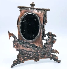 Antique Copper Vanity Dresser Shaving Mirror with Cherub on Sail Boat