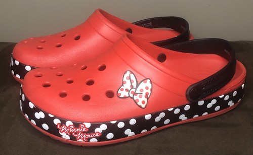 Disney Minnie Mouse CROCS Women's Size 9 / Men’s 7 Red Black White Bow Polka Dot - Picture 1 of 14