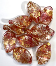 Venetian Murano Glass Beads 10 Pink Gold/Silver/Aventurine Leaf Twist 30mm  27 