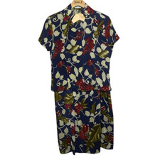 Vintage 2pc Khaisilk Bue Skirt Suit Separates Short Sleeve Pleated Floral 100 S