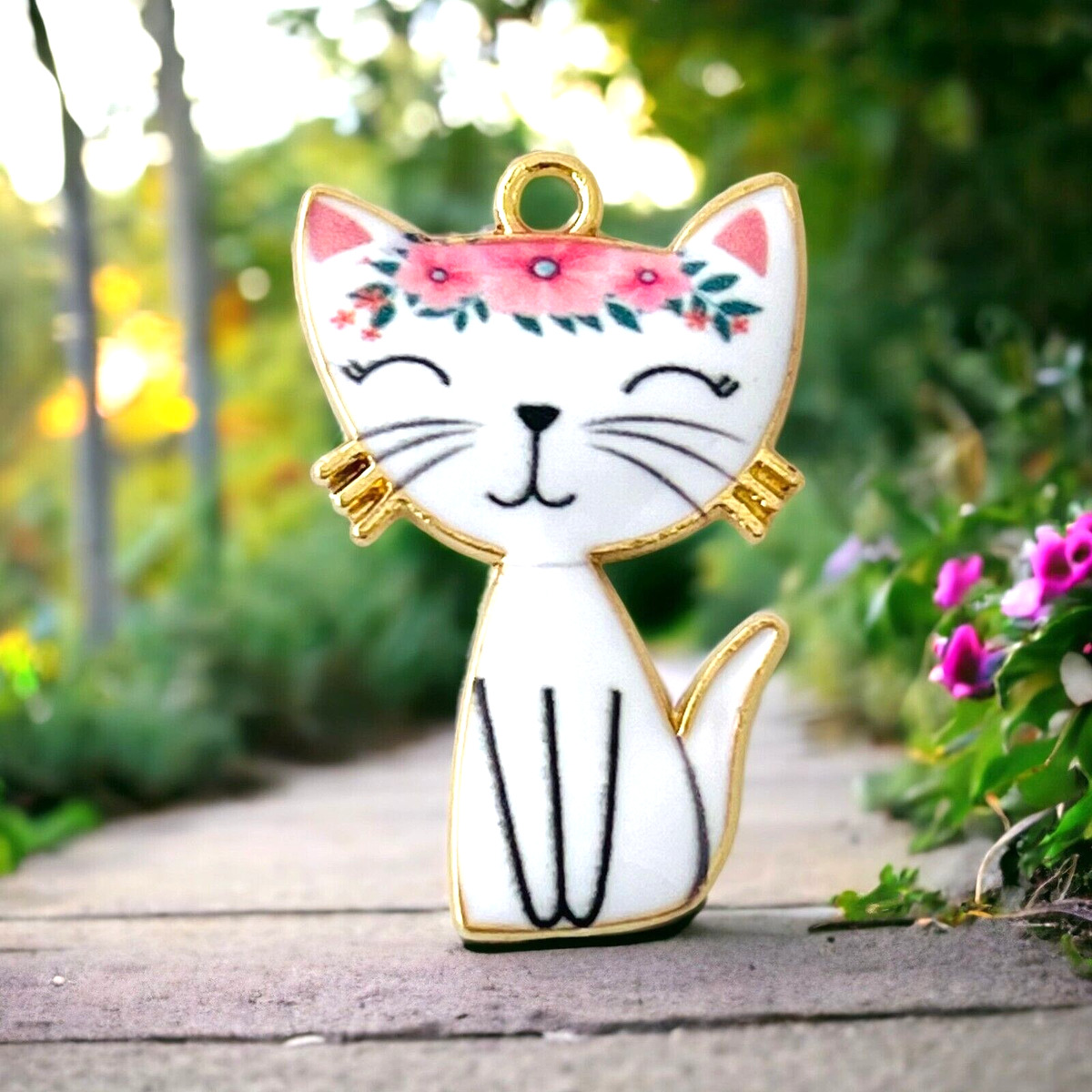 10 White Cat Charms Pendants Enamel Kitty Feline Flowers Gold Bead Drop  30x19mm