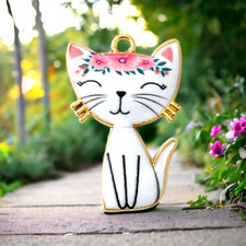 10 White Cat Charms Gold Enamel Pink Flower Kitty Pendants 30x19mm Jewelry Makin