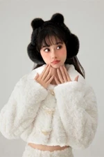 Y2K SNOW BUNNY Fluffy Faux Fur Winter Ski Headband Teddy Ears Earmuff Black NEW