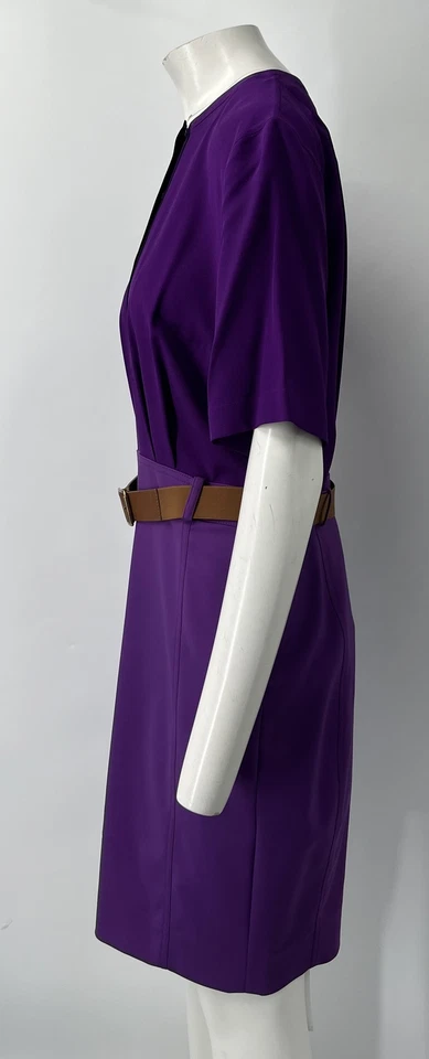 Vestido Akris púrpura manga corta seda cinturón hasta la rodilla línea A talla 10 Foto 3 de 4