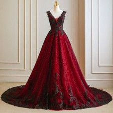 Black and Red Gothic Wedding Dress V Neck Sleeveless Applique A-Line Bridal Gown