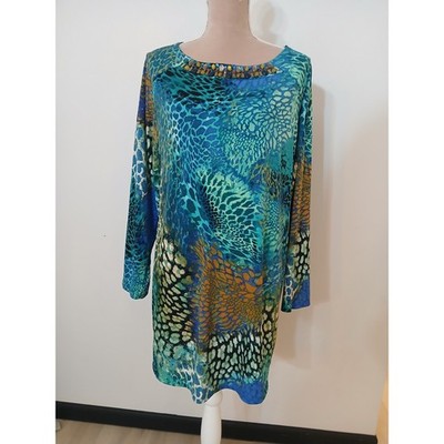 Susan Graver Style Womens 2X Blue Teal Animal Print Beaded Neck Tunic Top