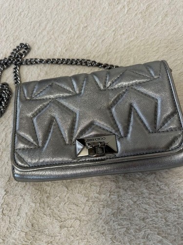JIMMY CHOO Cowhide Leather Shoulder Handbag Silver Authentic Used From Japan