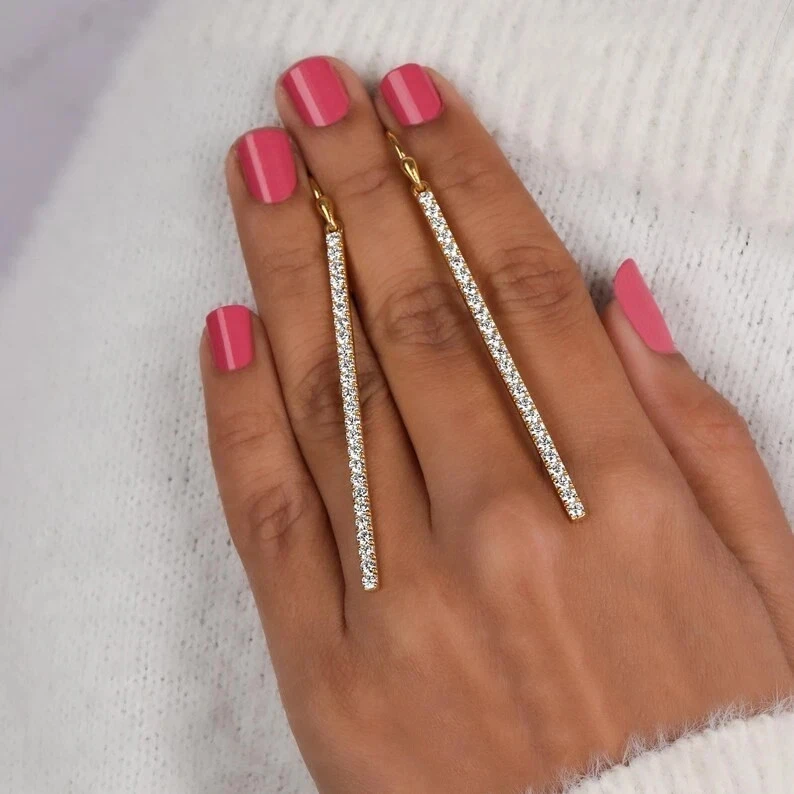 14K Yellow Gold Round 1Ct Lab Grown Diamond Hook Bar Shape Drop Dangle Earrings - Image 3 of 4