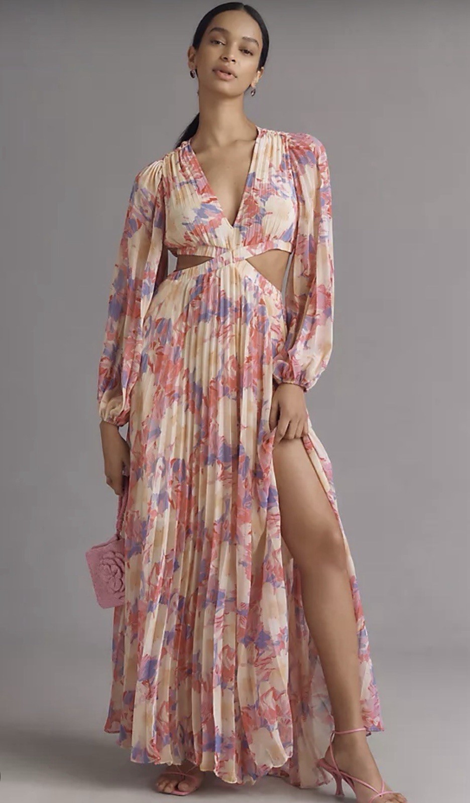 Anthropologie Open Back Cut Out Maxi Dress Large Pink Floral Long-sleeve Boho