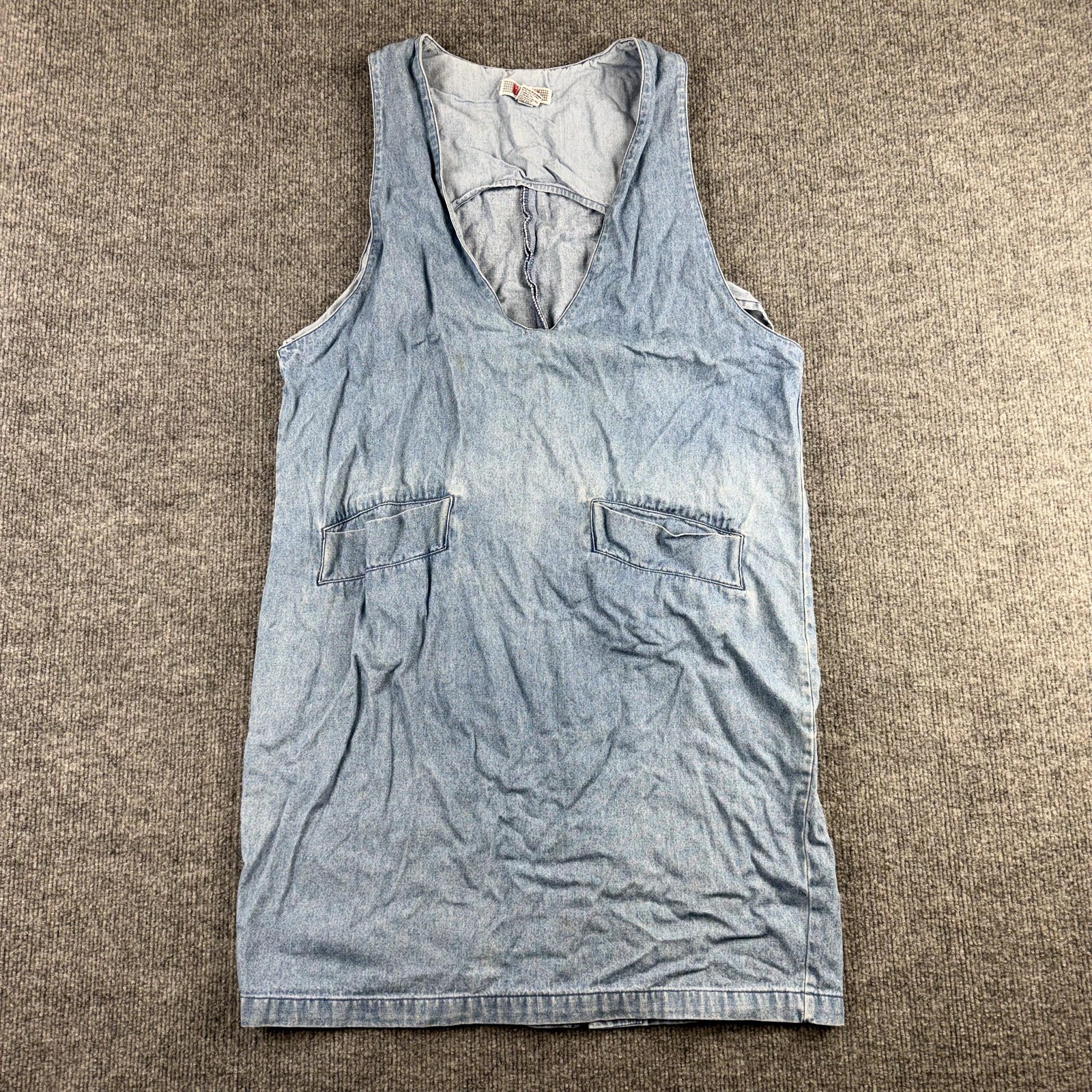 Vtg FADS Dress Womens Large Blue Denim Sleeveless V Neck Knee Length Pockets