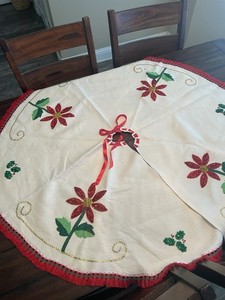 Vintage Round Felt Christmas Tree Skirt White Red Green Gold Sequins Fringe