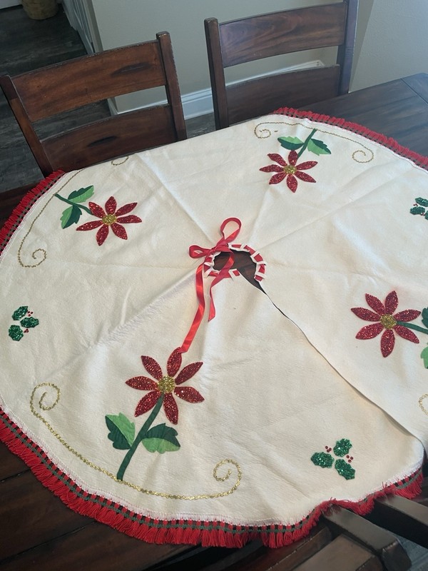 Vintage Round Felt Christmas Tree Skirt White Red Green Gold Sequins Fringe