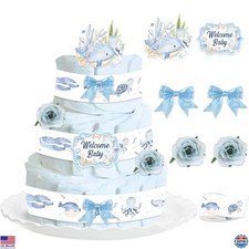 Under the Sea Diaper Cake Decorations for Baby Shower, Ocean Animals, Blue Bows