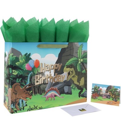 16.5'' Extra Large Dinosaur Birthday Gift Bag Set with Handles, Greeting Card...