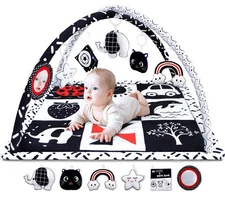 Black and White Baby Gym Play Mat with 6 Toys Tummy Time Activity Mat for Ba...