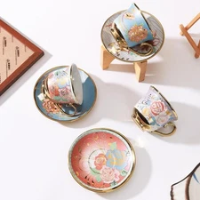 Tea Cups and Saucers, Tea Cup Set of 6, 8 OZ Floral Cups Porcelain Cup Set 