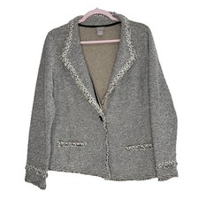 Chico's Tweed Fringe Blazer Sz 2 Large Open Single Button Tan Jacket Stretch