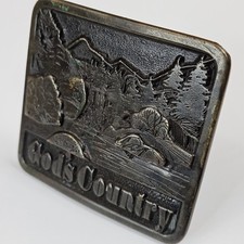 Vintage 1976 Adezy belt buckle - God  s Country River, Mountain, Forrest Scene