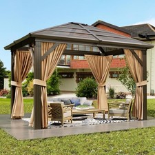 10'x12' Outdoor Gazebo Canopy Aluminum Hardtop Roof Canopy w/Curtains & Netting