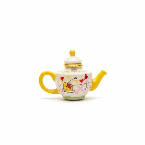 Mini Porcelain Teapot Trinket Box Yellow Hinged Lid Cake Wine Design Collectible