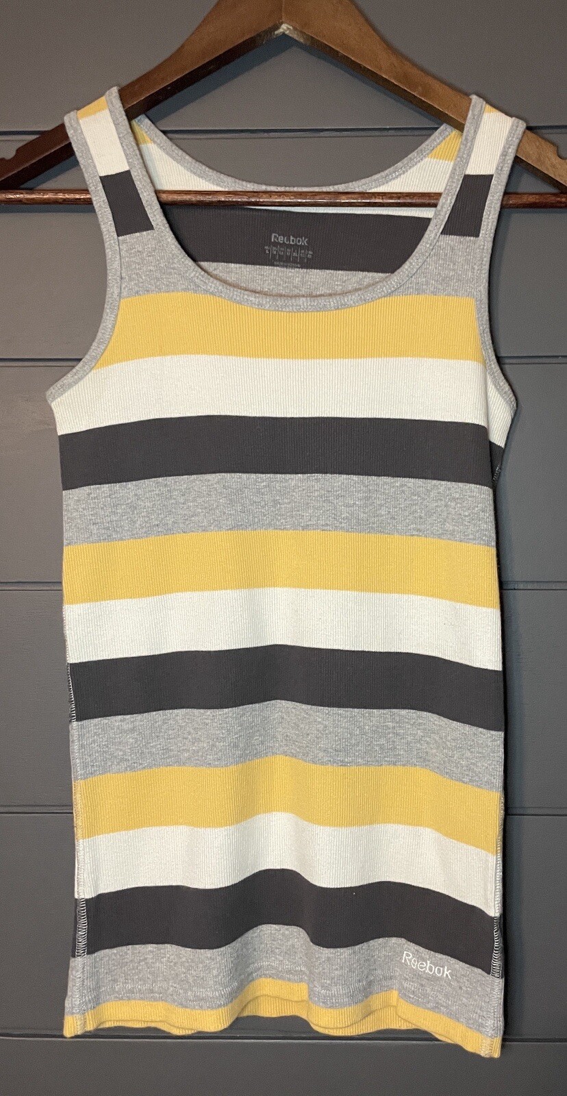 Women’s Reebok Ribbed Tank Top Striped Yellow/Gray/White Size Medium