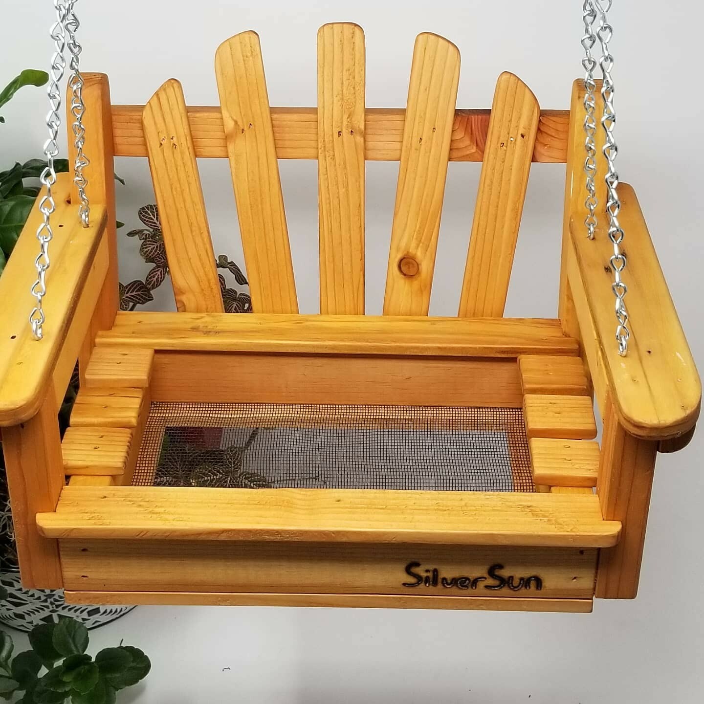 Bird/ squirrel feeder.&nbsp; Nuts/ seeds unpainted swinging bench, hanging bench