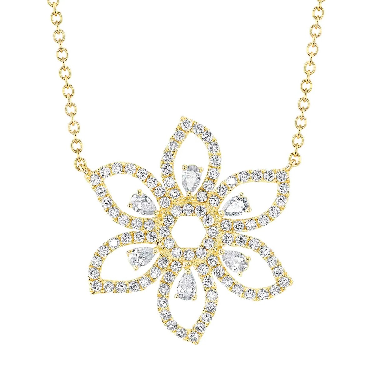 Pear Cut Diamond Flower Necklace 14K Yellow Gold Womens CT