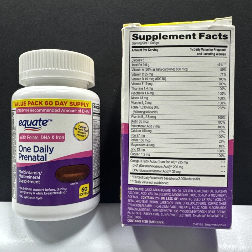 Equate One Daily Prenatal Multivitamin w/Folate,DHA,Iron 60 Day•Softgels Exp2/26 - Image 2 of 4