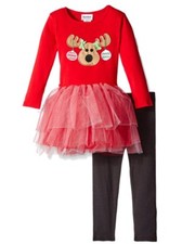 Blueberi Boulevard Girls Reindeer Outfit Red Tulle Tutu Tunic  Leggings Set