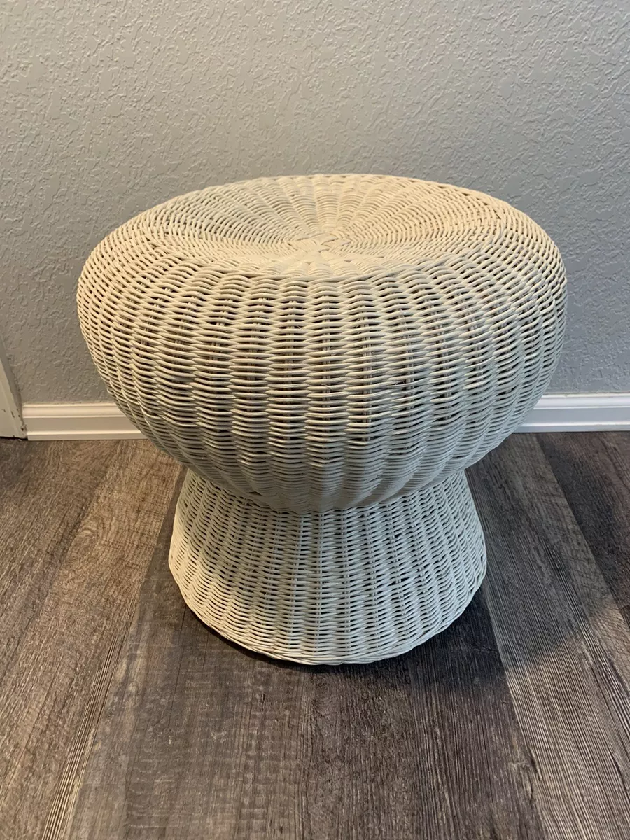 Vintage 1970s White Rattan Mushroom Shaped Stool Side Table Patio