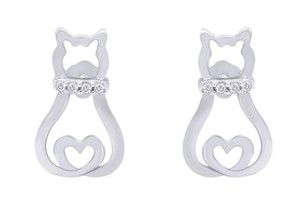 Authentic Pet Cat Heart Stud Earrings Round Diamond Accent 14K Gold Plated Sterling Silver