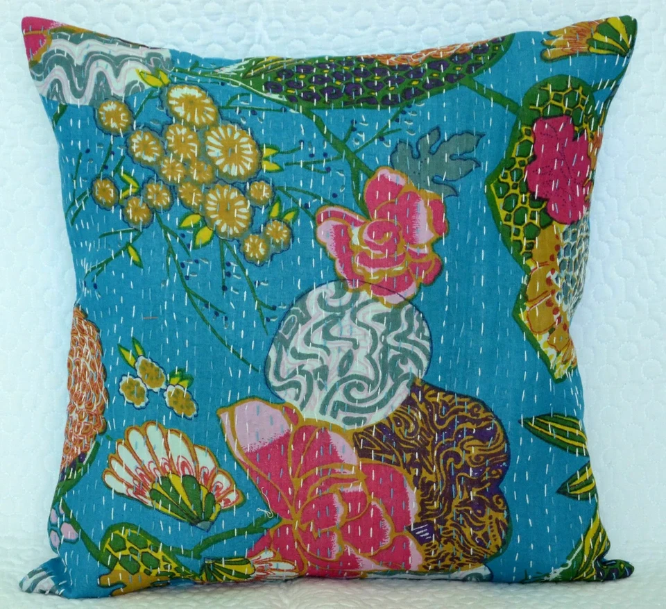 Colofull All Size Kantha Cushion Cover Indian Handmade Kantha Throw Pillow Decor - Image 4 of 4