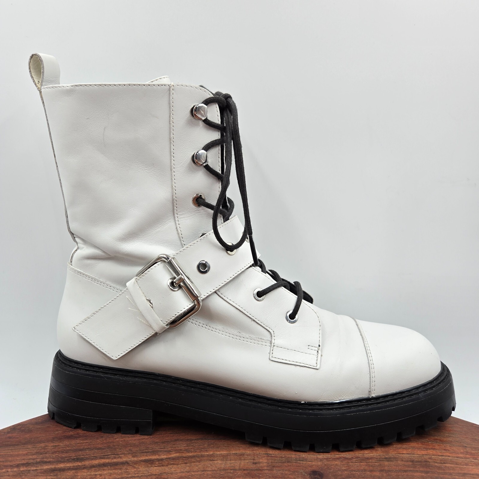 Zara Combat Boots Women's 41 / 10 White Black Leather Buckle Strap Platform Lug-image