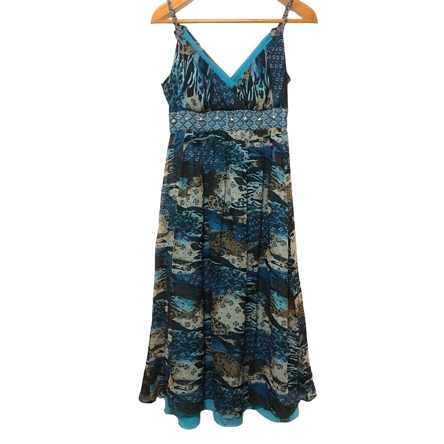 Robbie Bee Signature Silk Maxi Dress Surplice Neck Tiered Boho Sleeveless 12
