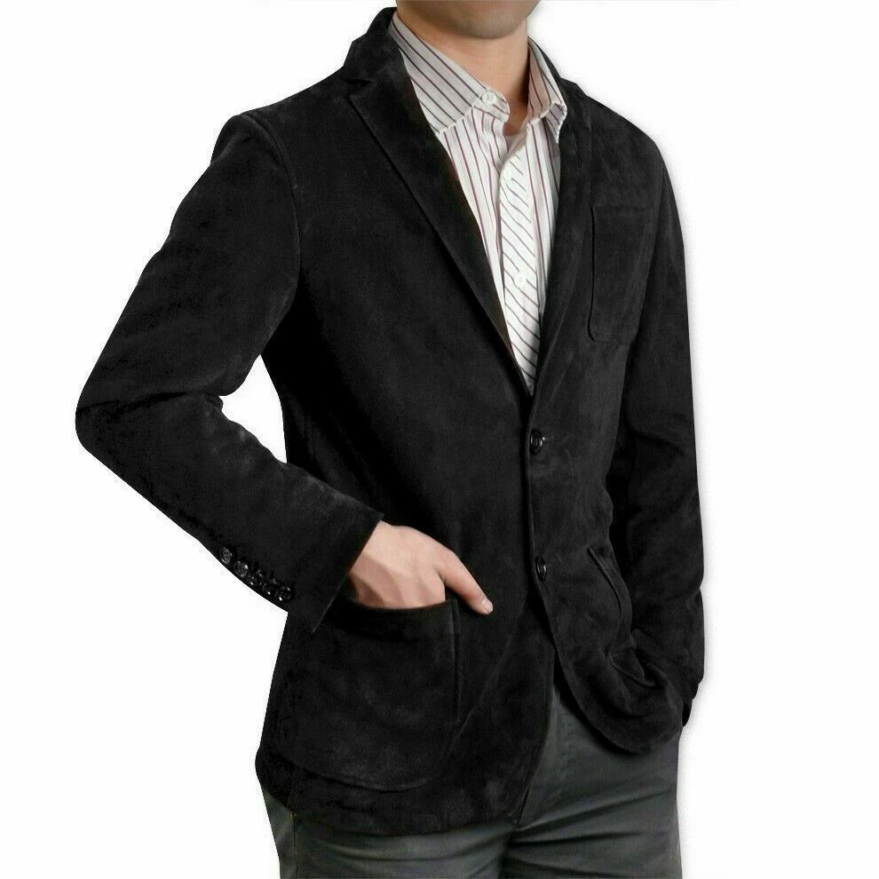 Men genuine lamb Suede Leather Premium Vintage Sporty Black Blazer Coat Jacket