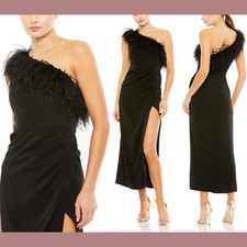 NEW $298 Mac Duggal [ 10 ] Feather Trim One Shoulder Draped Dress Black #G1375