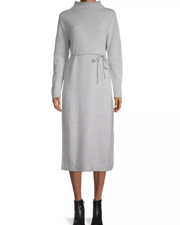 Vince Funnel Neck Midi Dress Grey Italian Wool Cashmere Knit Waist Tie M NWT 445