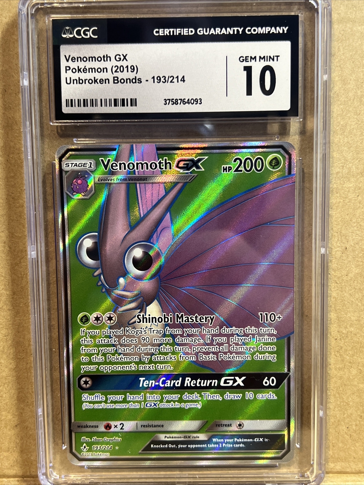 2019 Pokemon VENOMOTH GX 193/214 Unbroken Bonds Full Art CGC 10 Gem Mint